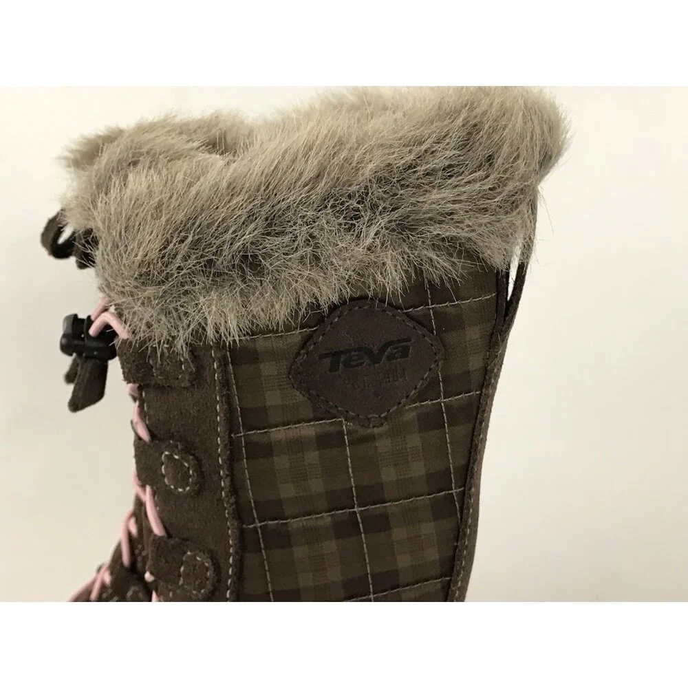Teva Girls Lenawee‎ Boots Toddlet Size 10 Tall Faux Fur Plaid Lace Up Brown Pink
